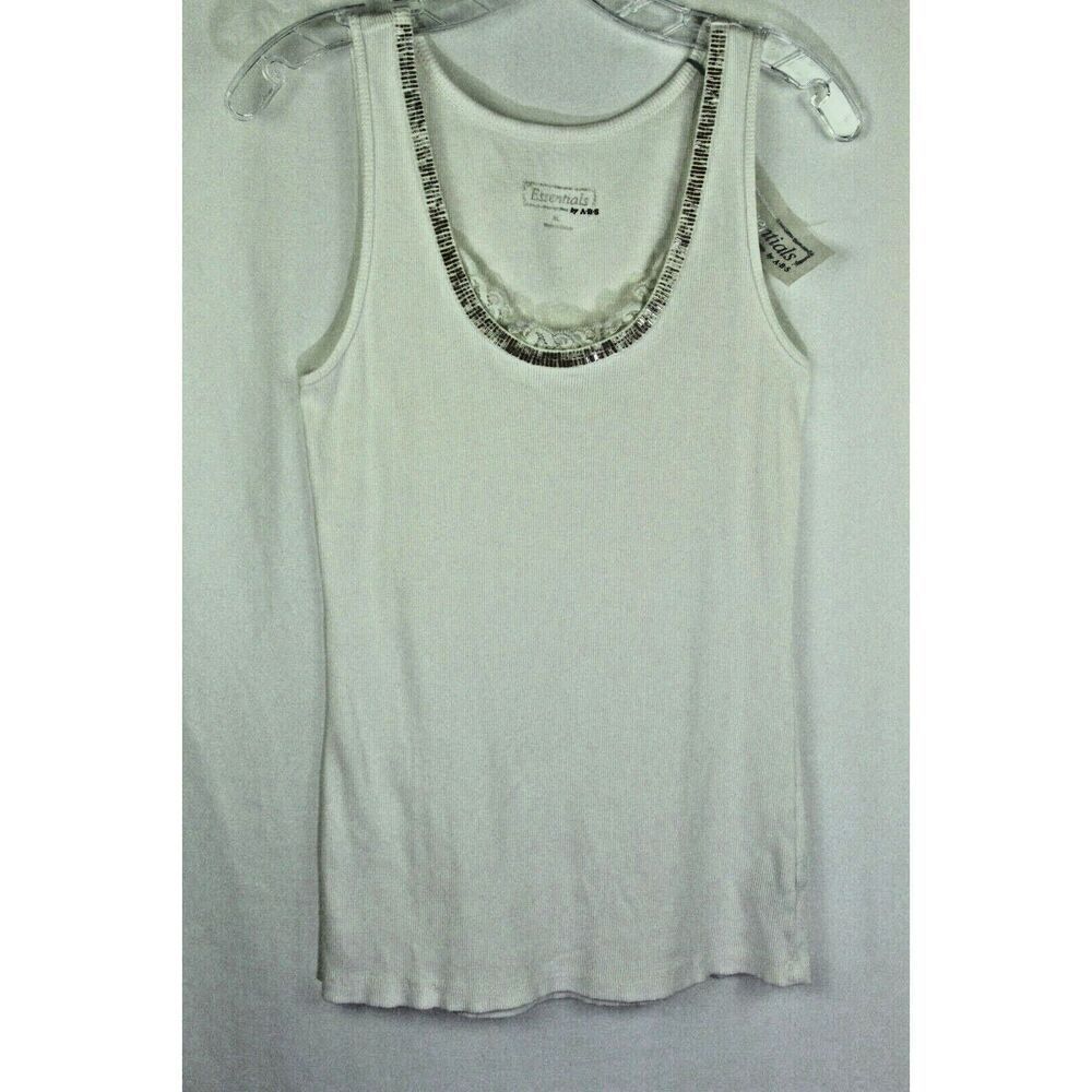 ABS Essentials Top XL White Ribbed Tank Beaded Bugle Beads Embellished Women New